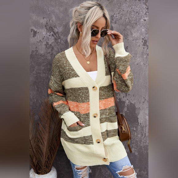 Woven Right Striped Button Down Longline Cardigan with Pockets - Picture 8 of 10